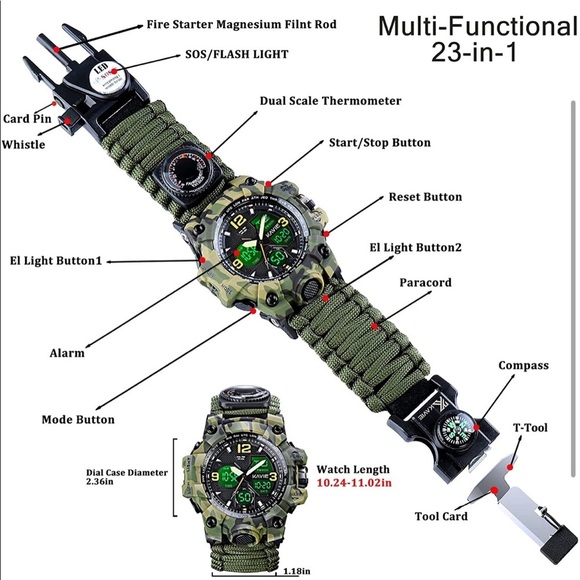 23-in-1 Survival Military Digital Watch, Mens Tactical Multi-Functional *NEW*